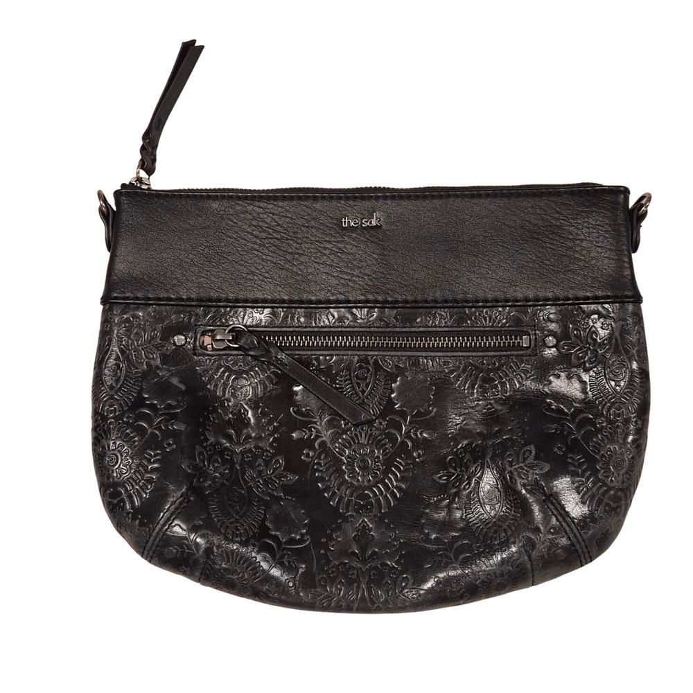 The Sak Oleta Black Leather Embossed Floral Clutch Bag 1000057477
